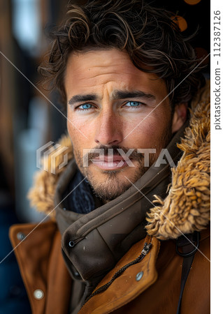 AI-generated content. A man with facial hair and a scarf is dressed in a brown parka with a fur hood, showcasing a trendy fashion design with animal fur clothing at an event 112387126