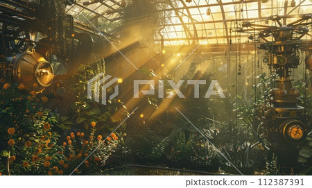 AI-generated content. Brass gears, copper details in misty steampunk garden, solar-lit robotic plants at twilight. Robotic plants 112387391