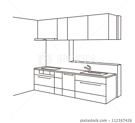 Line drawing of face-to-face system kitchen line perspective Line drawing of face-to-face system kitchen line perspective 112387426