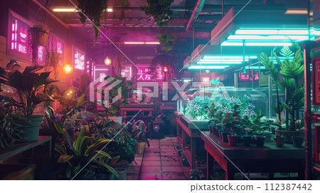 AI-generated content. Robotic flora in neon-lit Tokyo-style greenhouse, merging vibrant city life with future tech. Robotic plants AI-generated content. Robotic flora in neon-lit Tokyo-style greenhouse, merging vibrant city life with future tech. Robotic plants 112387442
