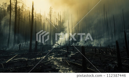 AI-generated content. Haunting post-blaze scene with silhouetted charred trees and fog at dawn. Forest fires AI-generated content. Haunting post-blaze scene with silhouetted charred trees and fog at dawn. Forest fires 112387446