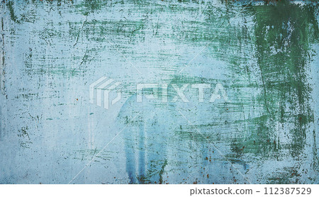 Old grungy cracked distressed weathered wall paint peeling off rusted metal sheet. background Old grungy cracked distressed weathered wall paint peeling off rusted metal sheet. background 112387529