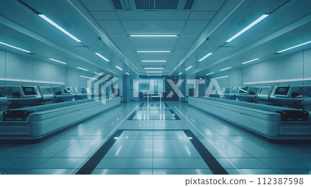 AI-generated content. Automation relationships. Sleek data center with rows of servers under cool neon lighting, embodying modern technology's cutting-edge and secure data storage solutions 112387598