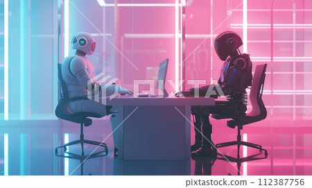 AI-generated content. Automation relationships. Two robots engaging in an office environment, showcasing a futuristic workspace with advanced AI interaction AI-generated content. Automation relationships. Two robots engaging in an office environment, showcasing a futuristic workspace with advanced AI interaction 112387756