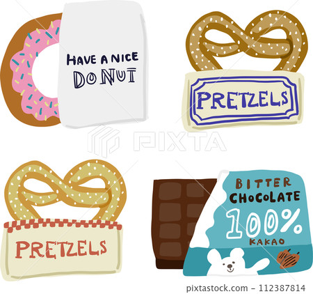 甜甜圈、椒鹽捲餅和巧克力插圖集 甜甜圈、椒鹽捲餅和巧克力插圖集 112387814