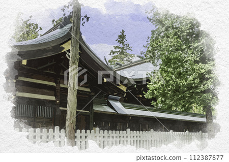 Watercolor style Matsushiro Zozan Shrine main building Nagano City, Nagano Prefecture Watercolor style Matsushiro Zozan Shrine main building Nagano City, Nagano Prefecture 112387877