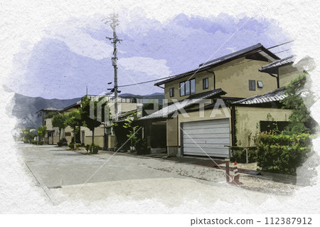 水彩風格的松代,長野縣長野市正山神社前的參道 水彩風格的松代,長野縣長野市正山神社前的參道 112387912