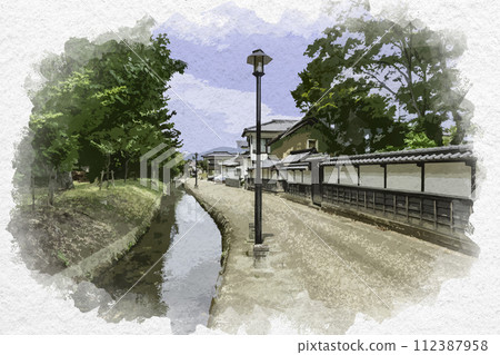 Watercolor painting style, Matsushiro, Takeyama Town waterway, path of thought, Nagano City, Nagano Prefecture Watercolor painting style, Matsushiro, Takeyama Town waterway, path of thought, Nagano City, Nagano Prefecture 112387958
