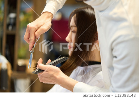 Hair salon hairdresser and female customer Hair salon hairdresser and female customer 112388148