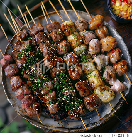 AI-generated content. A delicious dish of skewers featuring a mix of meat and vegetables, incorporating various cuisines such as Shish taouk, Shashlik, and Sate kambing. The perfect combination of 112388336