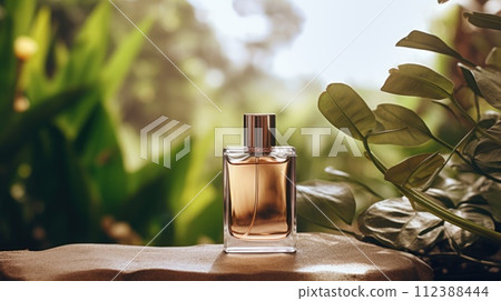 AI-generated content. Transparent brown glass perfume bottle mockup with plants on background. Eau de toilette. Mockup, spring flat lay. 112388444