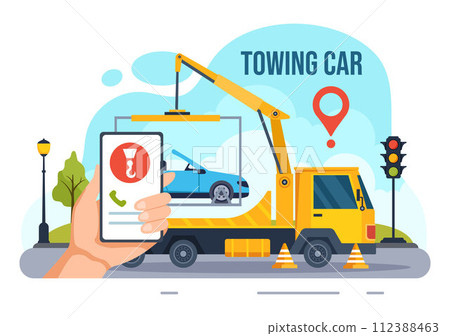 Auto Towing Car Vector Illustration Using a Truck with Roadside Assistance Service for Various Vehicles in Flat Cartoon Background Design 112388463