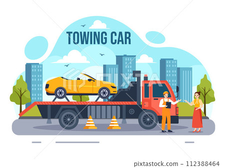 Auto Towing Car Vector Illustration Using a Truck with Roadside Assistance Service for Various Vehicles in Flat Cartoon Background Design 112388464