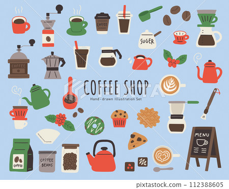 Handwritten vector illustration set of cafe/coffee shop tools and accessories/coffee cup, beans, etc. 112388605