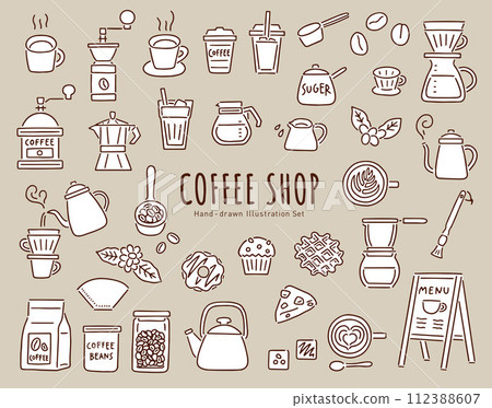 手寫向量插圖集咖啡館/咖啡店工具和配件/咖啡杯、豆子等/線圖 112388607