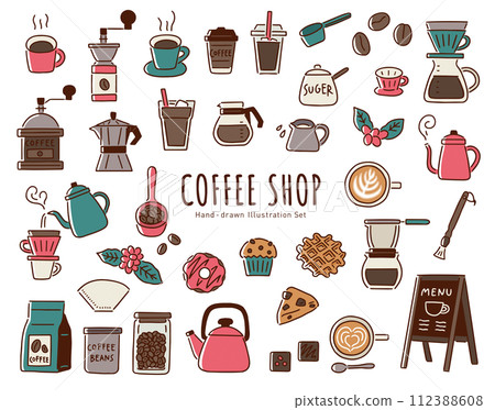 Handwritten vector illustration set of cafe/coffee shop tools and accessories/coffee cup, beans, etc./line drawing 112388608