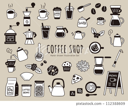 Handwritten vector illustration set of cafe/coffee shop tools and accessories/coffee cup, beans, etc./line drawing 112388609
