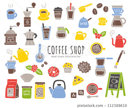 Handwritten vector illustration set of cafe/coffee shop tools and accessories/coffee cup, beans, etc. 112388610