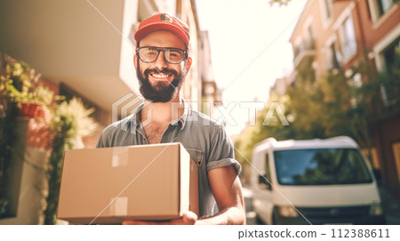 AI-generated content. Smiling delivery man holding cardbox parcel box looking at camera blurred street background. Generative ai. 112388611