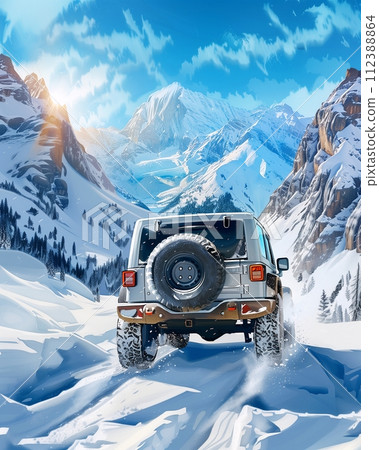 Rear view of a car driving on a snowy mountain "AI generated image" 112388864