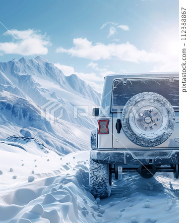 Car running on a snowy mountain on a sunny day "AI generated image" 112388867