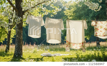 White washed laundry hangs on a line in the beautiful nature in the summer sunshine - ai generated White washed laundry hangs on a line in the beautiful nature in the summer sunshine - ai generated 112388947