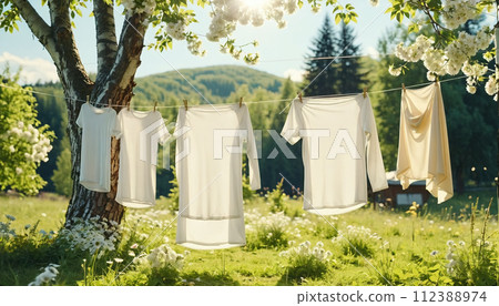 White washed laundry hangs on a line in the beautiful nature in the summer sunshine - ai generated 112388974