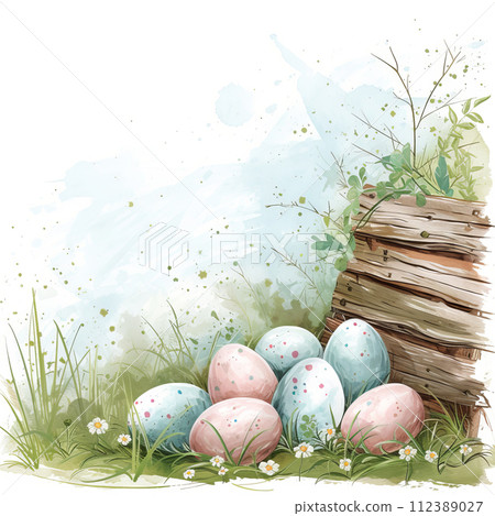 Watercolor clipart of Easter scene, cozy shabby chic Easter 112389027
