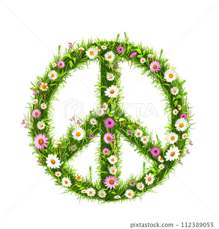 Peace sign made of grass and flowers on white background Peace sign made of grass and flowers on white background 112389055