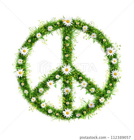 Peace sign made of grass and flowers on white background 112389057