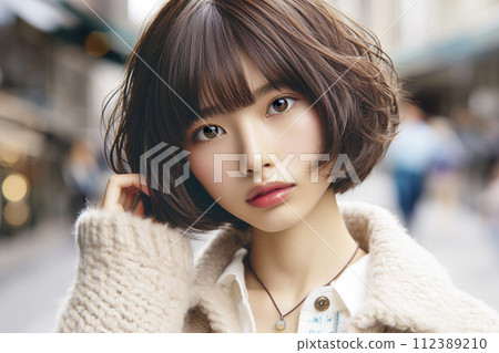 street snapshot image of beautiful young Asian woman with short bob haircut street snapshot image of beautiful young Asian woman with short bob haircut 112389210