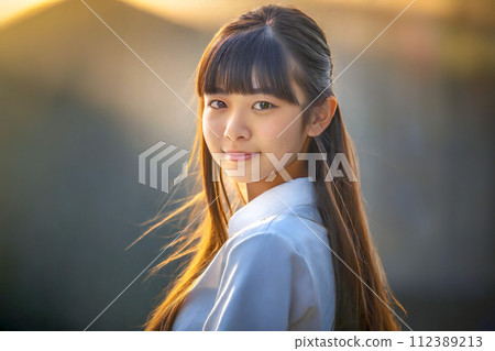 portrait of a beautiful Asian young girl with long straight hair 112389213