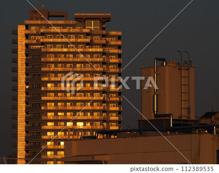 Apartment buildings and elevated aquariums sparkle in the setting sun Apartment buildings and elevated aquariums sparkle in the setting sun 112389535