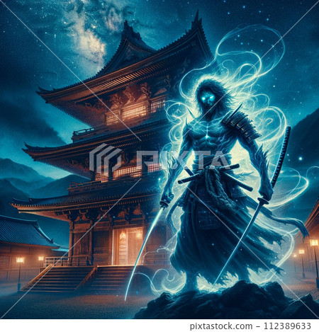 Mythical samurai standing in front of an ancient temple Mythical samurai standing in front of an ancient temple 112389633
