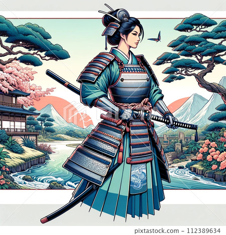 日本傳統風景中的女武士 日本傳統風景中的女武士 112389634
