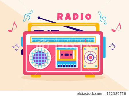Radio Vector Illustration with a Musical Instrument used to Send Signals for Record, Old Receiver and Listening to Music in Flat Cartoon Background Radio Vector Illustration with a Musical Instrument used to Send Signals for Record, Old Receiver and Listening to Music in Flat Cartoon Background 112389756