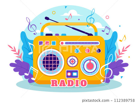 Radio Vector Illustration with a Musical Instrument used to Send Signals for Record, Old Receiver and Listening to Music in Flat Cartoon Background 112389758