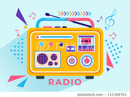 Radio Vector Illustration with a Musical Instrument used to Send Signals for Record, Old Receiver and Listening to Music in Flat Cartoon Background Radio Vector Illustration with a Musical Instrument used to Send Signals for Record, Old Receiver and Listening to Music in Flat Cartoon Background 112389761
