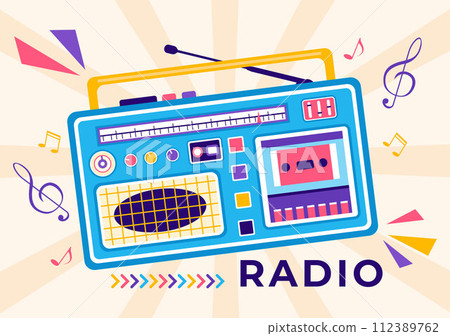 Radio Vector Illustration with a Musical Instrument used to Send Signals for Record, Old Receiver and Listening to Music in Flat Cartoon Background Radio Vector Illustration with a Musical Instrument used to Send Signals for Record, Old Receiver and Listening to Music in Flat Cartoon Background 112389762