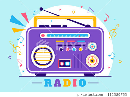 Radio Vector Illustration with a Musical Instrument used to Send Signals for Record, Old Receiver and Listening to Music in Flat Cartoon Background Radio Vector Illustration with a Musical Instrument used to Send Signals for Record, Old Receiver and Listening to Music in Flat Cartoon Background 112389763