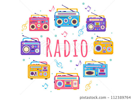 Radio Vector Illustration with a Musical Instrument used to Send Signals for Record, Old Receiver and Listening to Music in Flat Cartoon Background Radio Vector Illustration with a Musical Instrument used to Send Signals for Record, Old Receiver and Listening to Music in Flat Cartoon Background 112389764