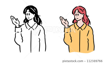 Line drawing illustration of a woman at the reception, monochrome and color 112389766