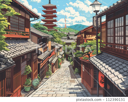Kyoto cityscape five-storied pagoda ukiyo-e style illustration 112390131