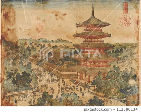 京都城市景觀五層寶塔浮世繪風格插畫 112390134