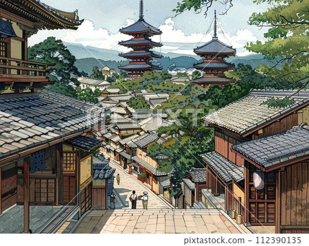 Kyoto cityscape five-storied pagoda ukiyo-e style illustration 112390135