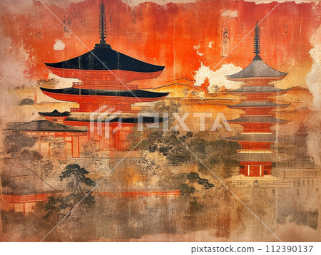 京都城市景觀五層寶塔浮世繪風格插畫 112390137