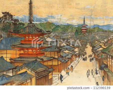 Kyoto cityscape five-storied pagoda ukiyo-e style illustration 112390139