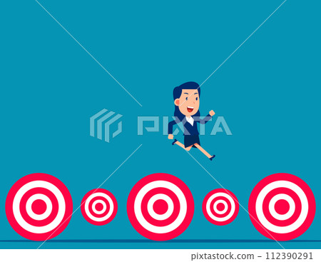 Businesswoman keeps leaping forward on big and small targets. Business goal vector illustration 112390291