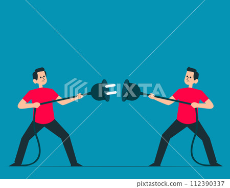 Two people connect wires. Partnership and teamwork concept Two people connect wires. Partnership and teamwork concept 112390337