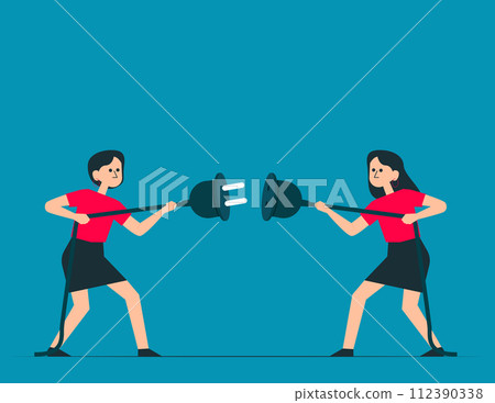 Two people connect wires. Partnership and teamwork concept 112390338